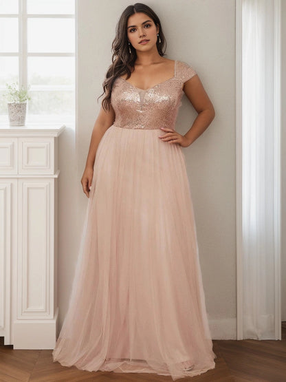 Glamorous A‑Line Off‑The‑Shoulder Cap‑Sleeve V‑Back Floor‑Length Plus Size Prom Dress