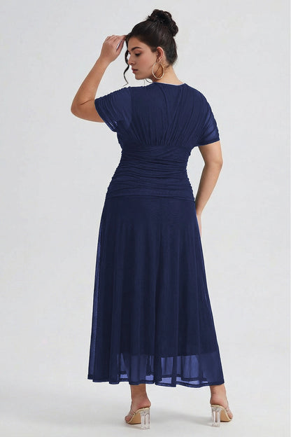 Chic Plus Size A‑Line Surplice‑V Flutter‑Sleeve Ruched‑Back Midi Mother Of Bride Dress
