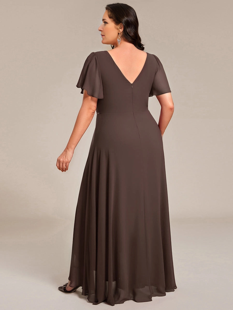 Elegant Plus Size A-Line V-Neck Flutter-Sleeve V-Back Maxi Mother of Bride Dress