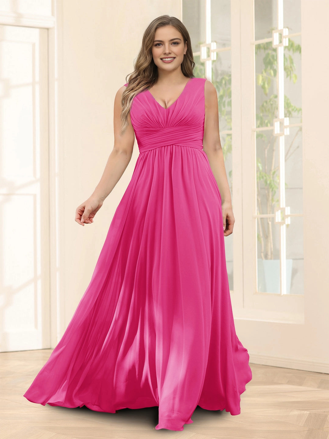 Plus‑Size Sleeveless V‑Neck Empire Waist Chiffon A‑Line Floor‑Length Wedding Guest Dress