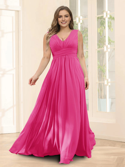 Plus‑Size Sleeveless V‑Neck Empire Waist Chiffon A‑Line Floor‑Length Wedding Guest Dress