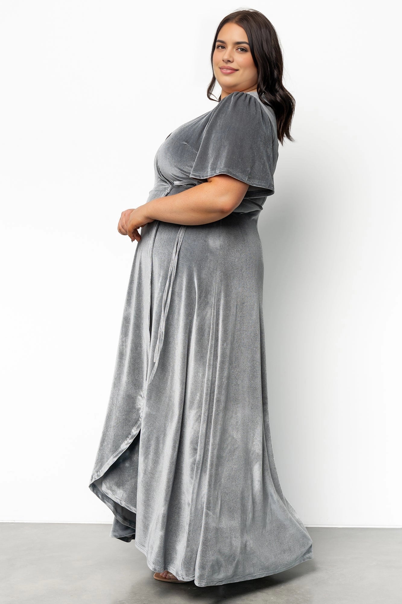 back view roselledress taupe velvet a‑line formal maxi dress closed‑back flutter sleeve wedding gown