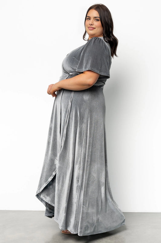 back view roselledress taupe velvet a‑line formal maxi dress closed‑back flutter sleeve wedding gown
