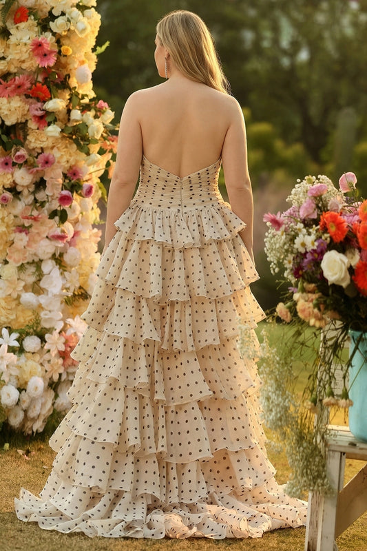 roselledress plus size polka dot evening dress strapless deep v back tiered cake ruffle long prom gown