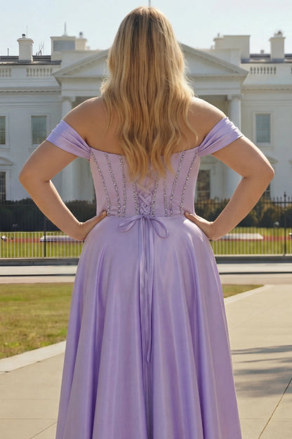 Lavender Plus Size A-Line Off Shoulder Lace Up Back Long Prom Dress