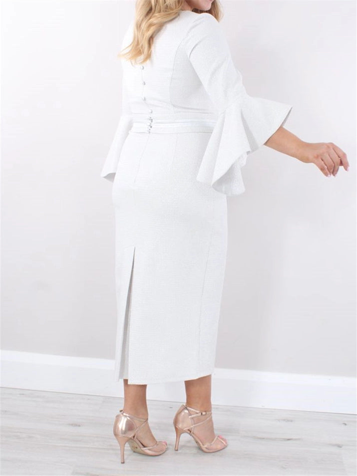 Back view Roselledress white sheath midi dress button back flare sleeve plus size wedding guest gown