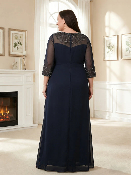 Model wearing roselledress navy plus size chiffon formal dress beaded illusion mesh back invisible zipper rear view