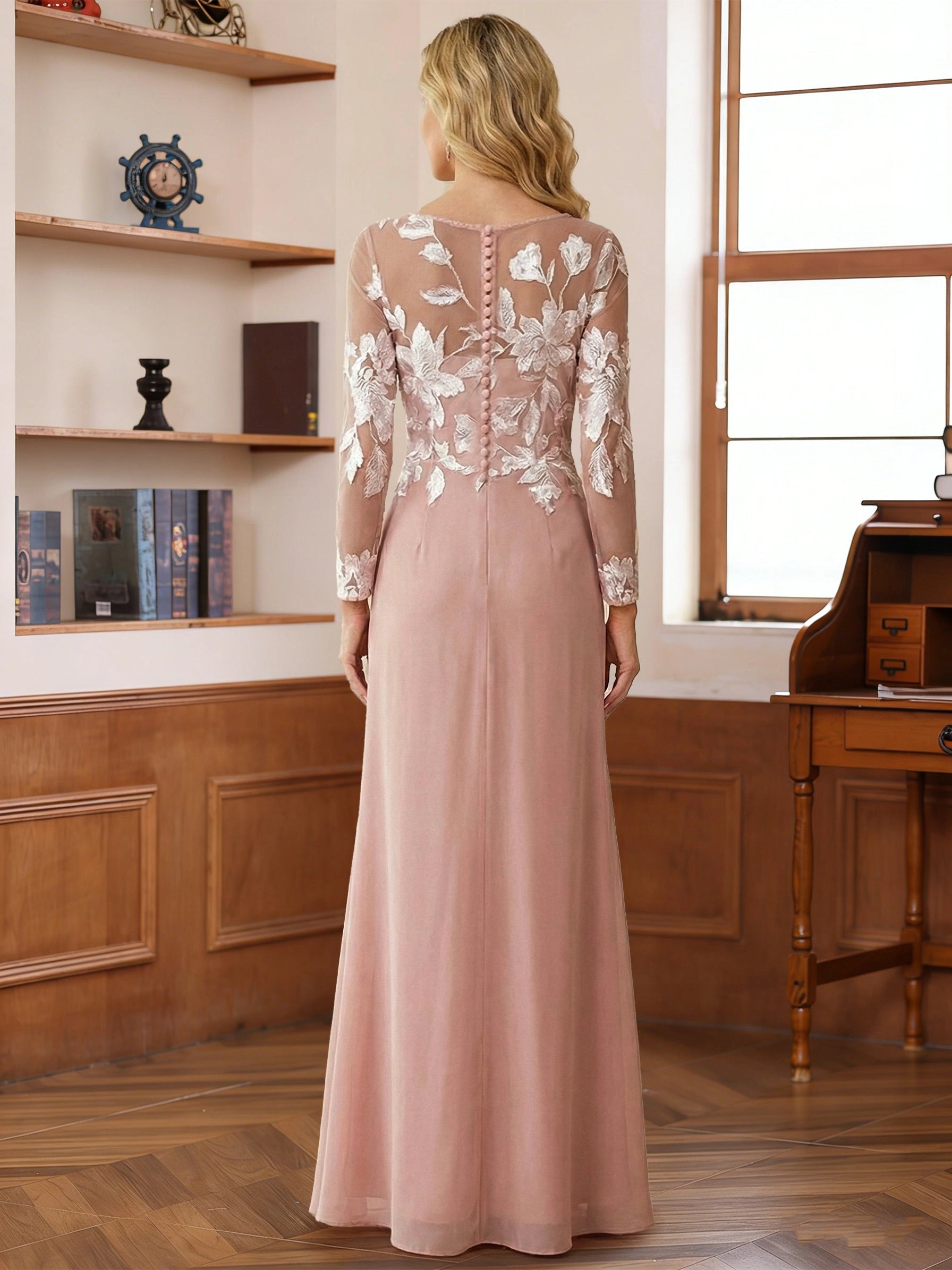 back view Roselledress curvy pink chiffon maxi dress sheer button floral back wedding guest long gown
