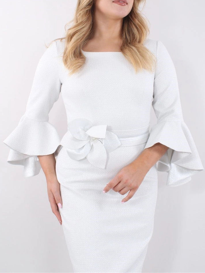 Chic Sheath Square Neck Flare Sleeve Button Back Midi Length Plus Size Wedding Guest Dress