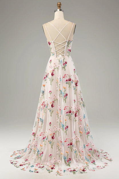 back view Roselledress sheer floral tulle criss cross lace up back long bridesmaid dress