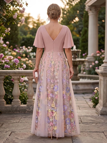 roselledress curvy pink mesh a line dress deep v back zip full flower embroidery long formal mother outfit