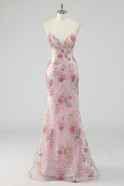 Plus Size Blush‑Pink Mermaid Sweetheart Spaghetti‑Strap Sheer‑Back Floor‑Length Prom Dress