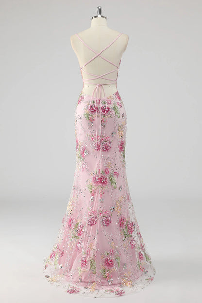 Plus Size Blush‑Pink Mermaid Sweetheart Spaghetti‑Strap Sheer‑Back Floor‑Length Prom Dress