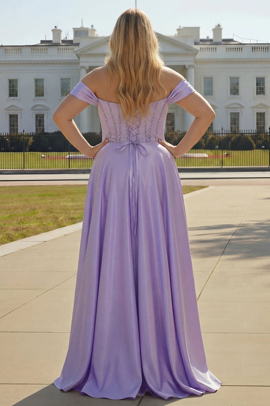 Back view Roselledress lavender plus size corset lace up back prom dress satin formal gown