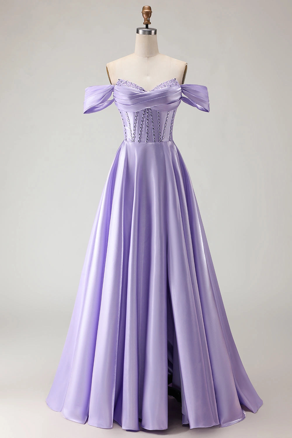 Lavender Plus Size A-Line Off Shoulder Lace Up Back Long Prom Dress