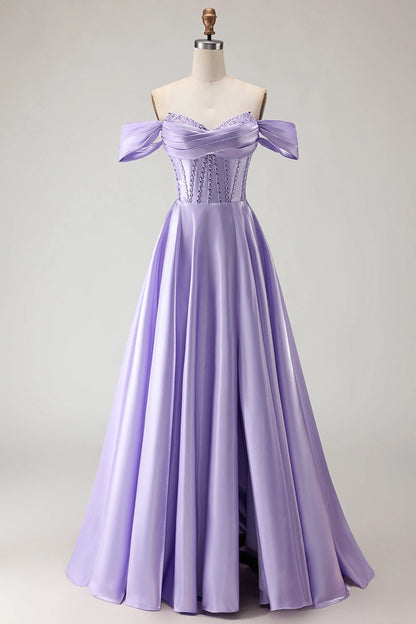Lavender Plus Size A-Line Off Shoulder Lace Up Back Long Prom Dress