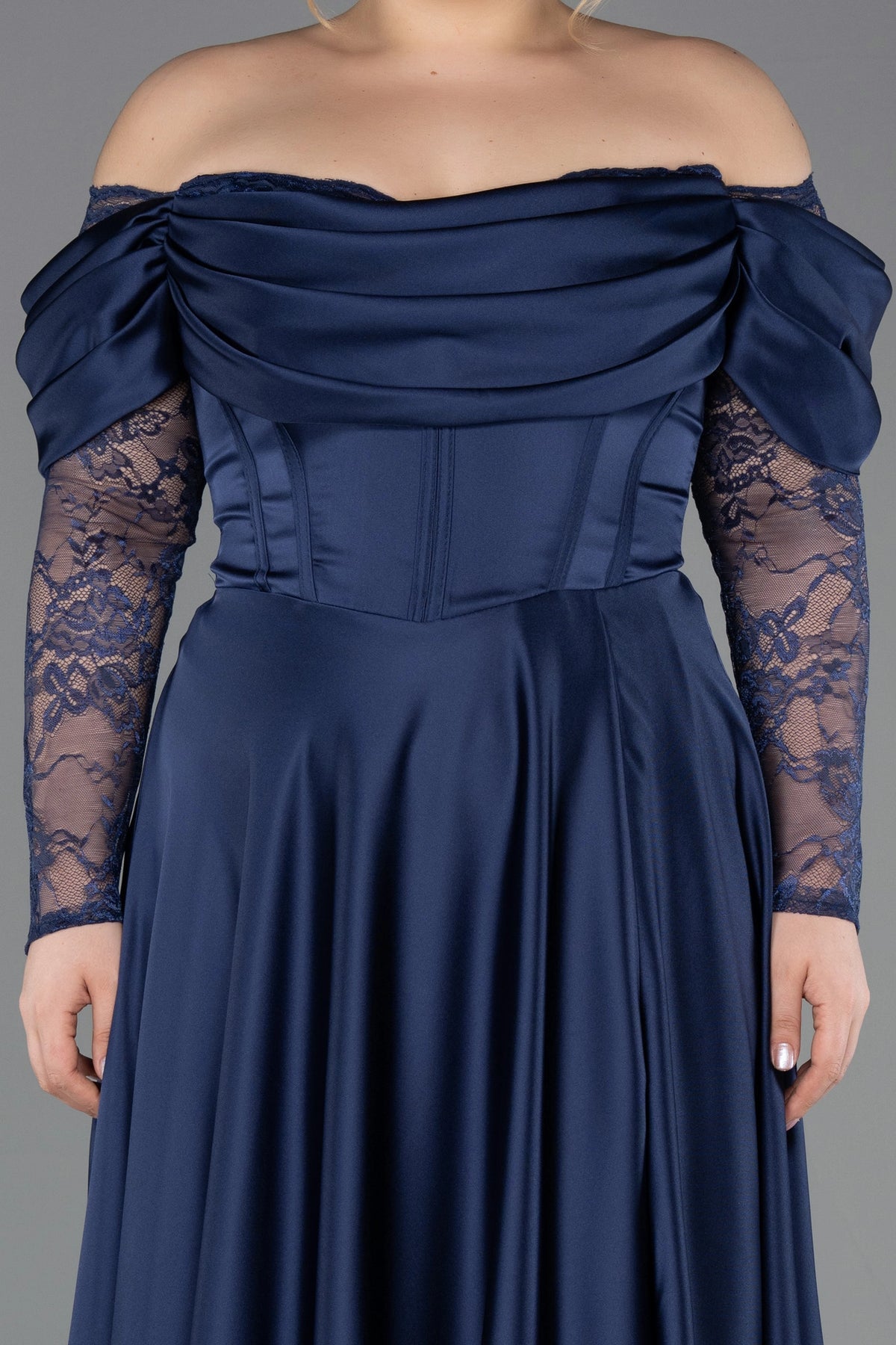 Elegant A-Line Off-Shoulder Lace-Sleeve Zipper-Back Floor-Length Plus Size Wedding Guest Dress