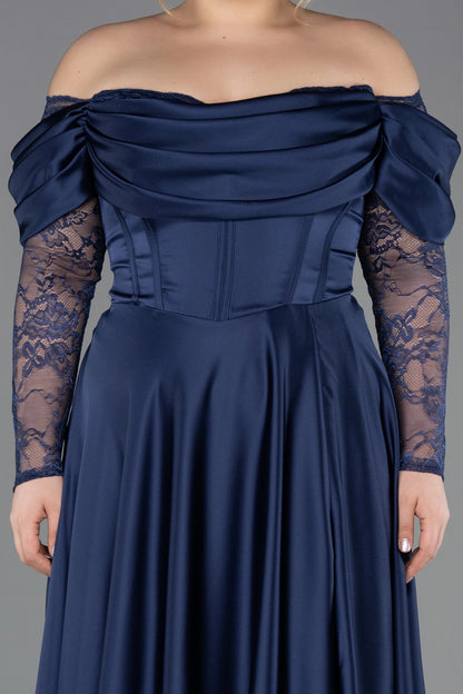 Elegant A-Line Off-Shoulder Lace-Sleeve Zipper-Back Floor-Length Plus Size Wedding Guest Dress