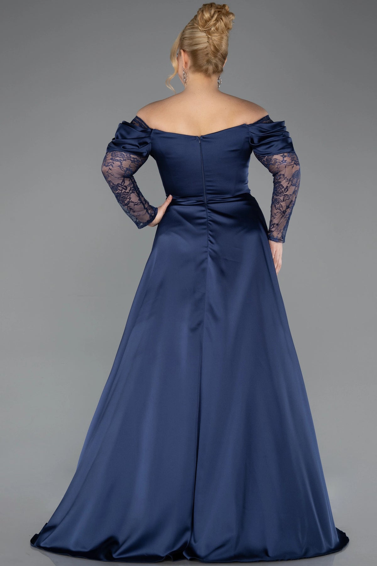 Navy blue plus size formal dress with off-shoulder back and concealed center zipper