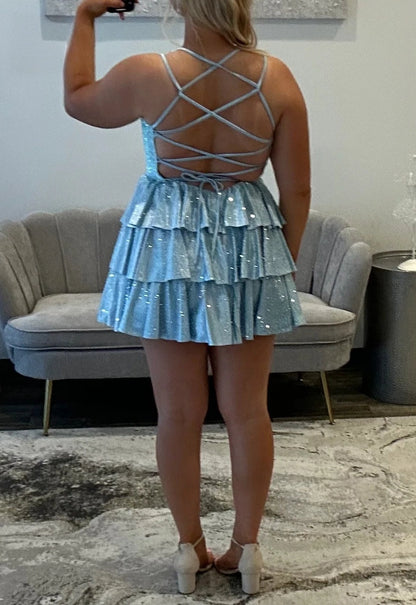 Roselledress Plus Size Sparkly Spaghetti Strap Deep V Lace Up Short Homecoming Dress