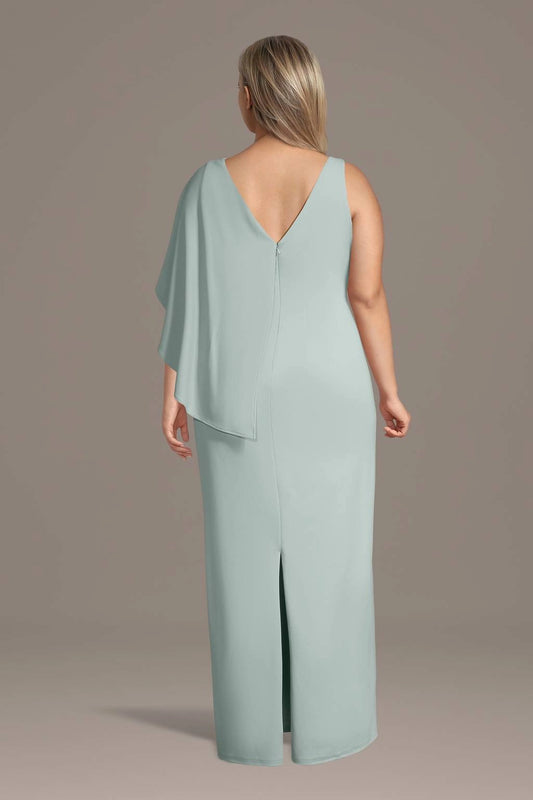 Aqua blue plus size formal dress with V-back, center zipper and flowing cape overlay