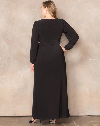 Plus Size Elegant A-Line V-Neck Long Sleeve Closed Back Maxi Wedding Guest Dress