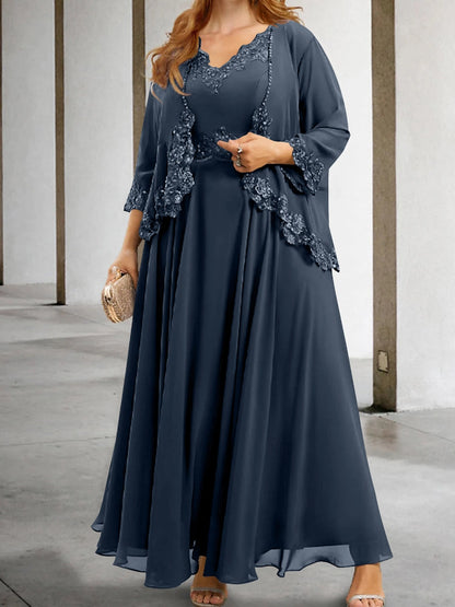 Roselledress Lace Beaded A-Line V Neck Jacket Set Zipper Back Floor Plus Size Mother Of Bride Dress