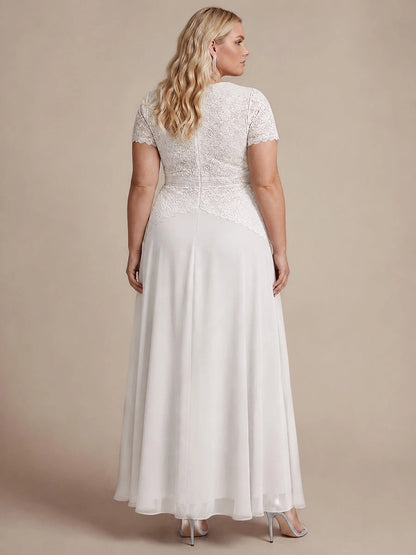Roselledress Black A Line High Neck Short Sleeve Zip Back Maxi Plus Size Wedding Guest Dress 