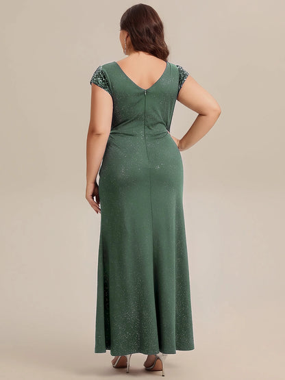 Roselledress Glitter Mermaid Deep V Cap Sleeve V Back Floor Length Plus Size Wedding Guest Dress
