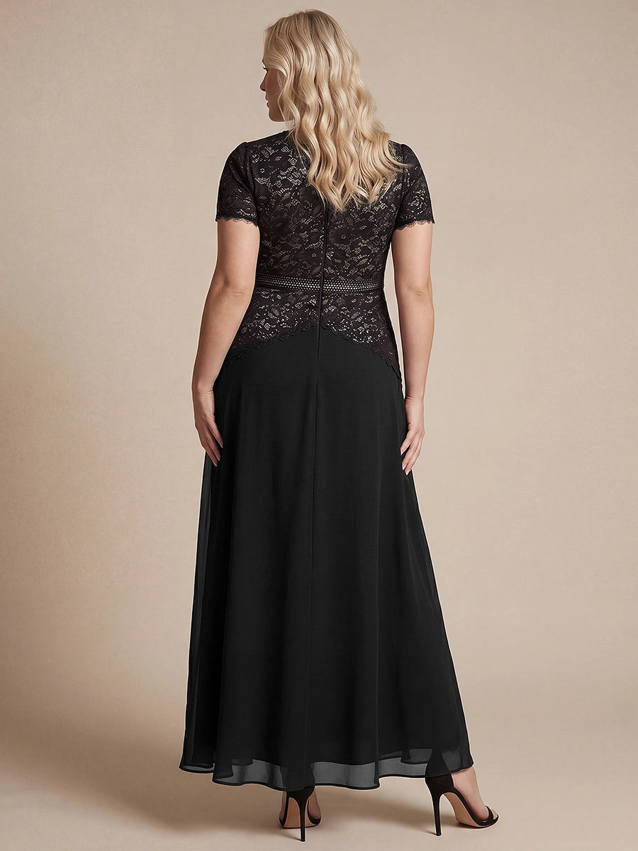 Back view of RoselleDress plus size black lace formal gown invisible zip back long evening dress