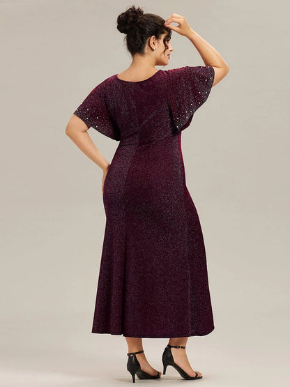 Sheath Glitter Round Neck Rhinestone Flutter Sleeve Ruched Back Midi Plus Size Wedding Guest Dress