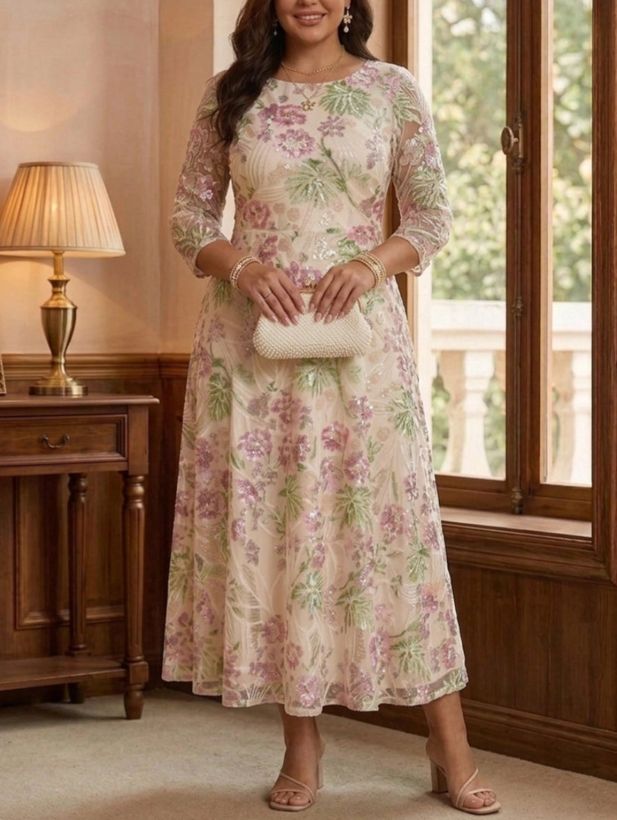 A-Line Round Neck 3/4 Sleeve Back Zipper Floral Sequin Midi Plus Size Wedding Guest Dress