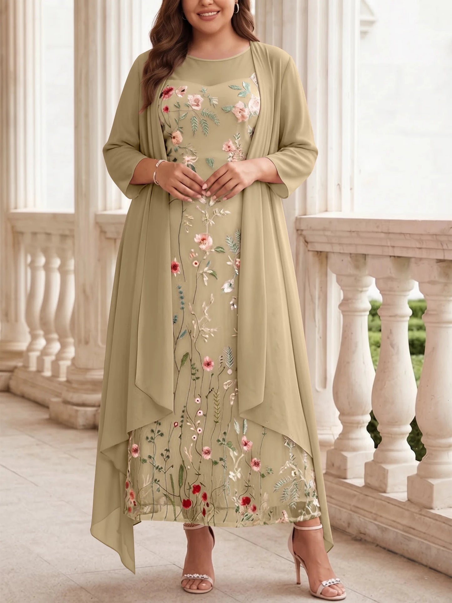 Soft Pink Plus Size Straight Round Neck 3/4 Sleeve Open Back Two Piece Mother Of Bride Dress