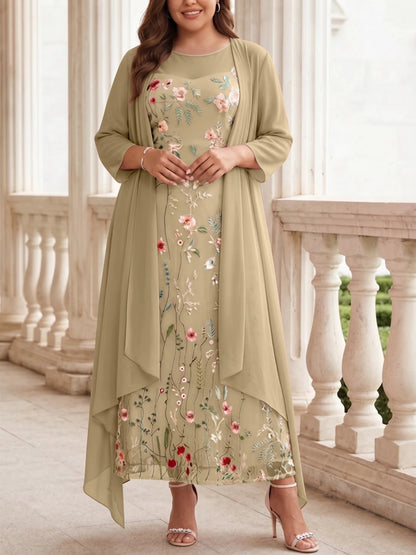 Soft Pink Plus Size Straight Round Neck 3/4 Sleeve Open Back Two Piece Mother Of Bride Dress