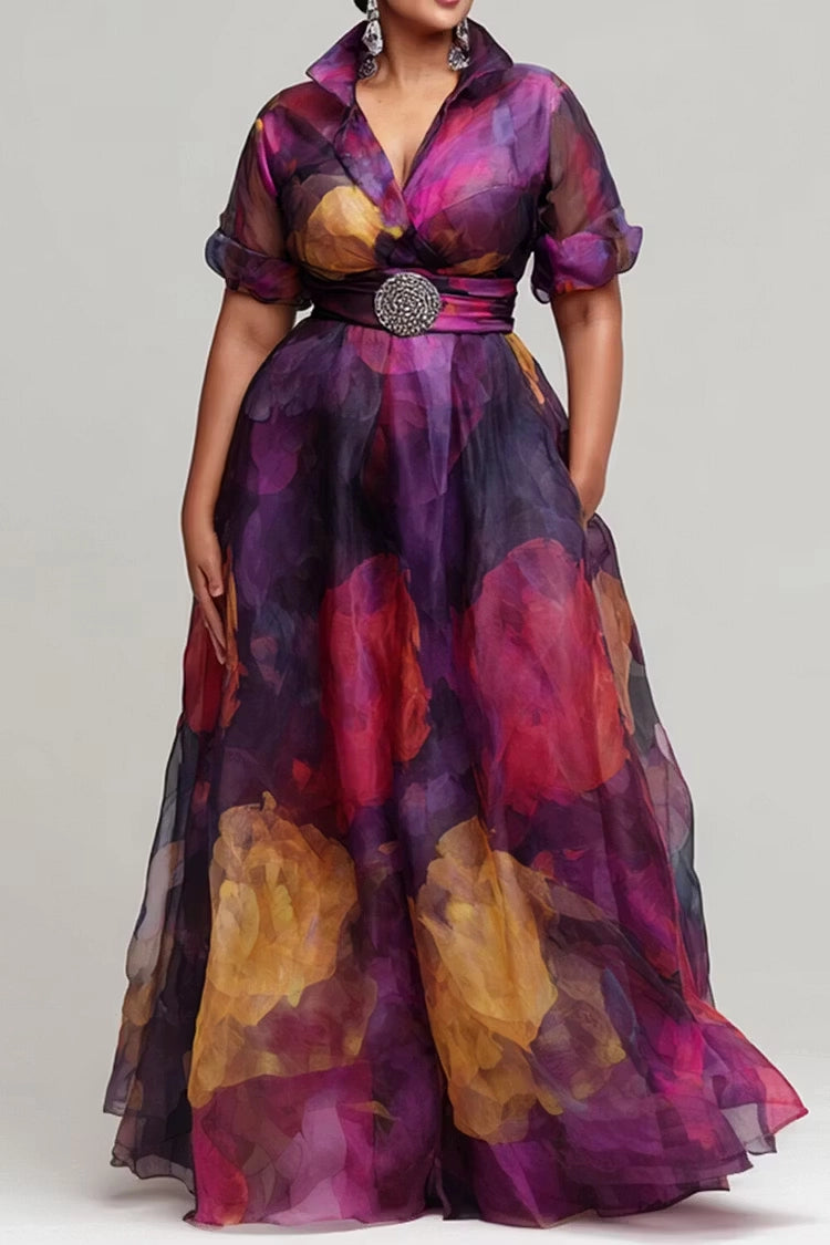Romantic A-Line Collared V-Neck Back Zipper Floral Organza Plus Size Prom Dress With Pockets