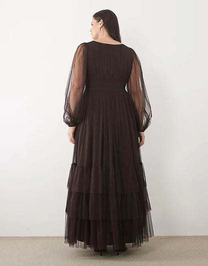 Roselledress plus size dark brown tiered ruffle tulle bridesmaid maxi gown back view