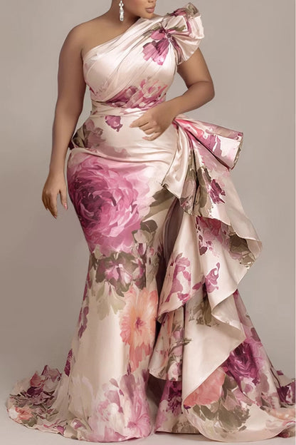 RoselleDress Luxury Mermaid One Shoulder Back Zipper Floral Satin With Ruffles Plus Size Prom Dress