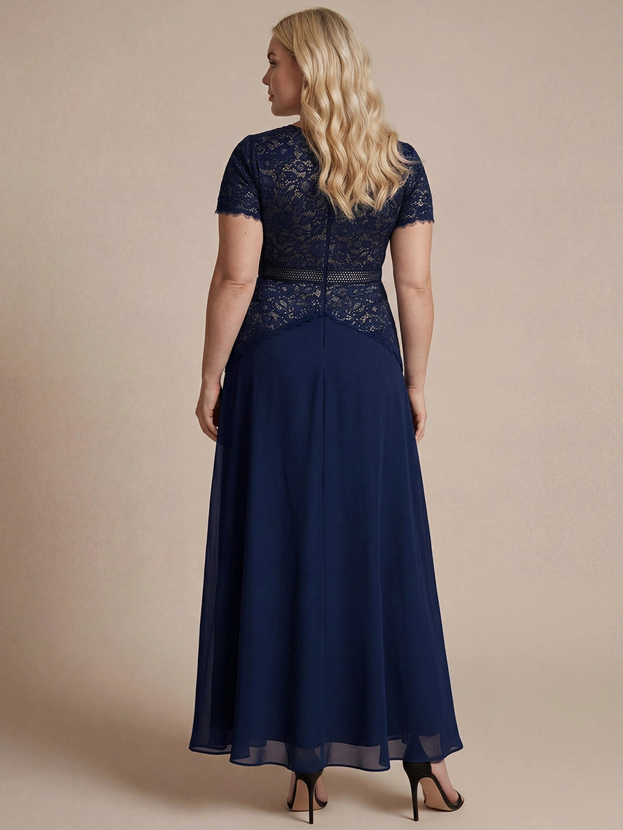 Roselledress Black A Line High Neck Short Sleeve Zip Back Maxi Plus Size Wedding Guest Dress 