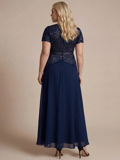 Roselledress Black A Line High Neck Short Sleeve Zip Back Maxi Plus Size Wedding Guest Dress 