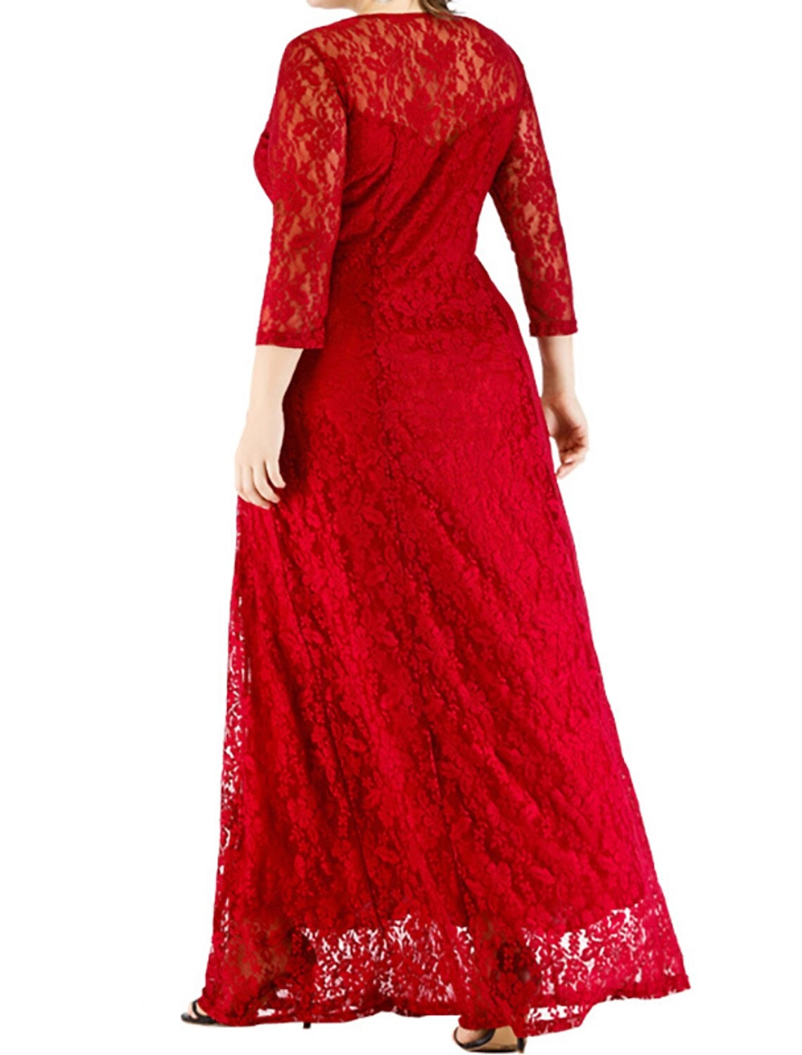 Roselledress red a‑line lace dress back view, sheer illusion back zipper plus size evening gown