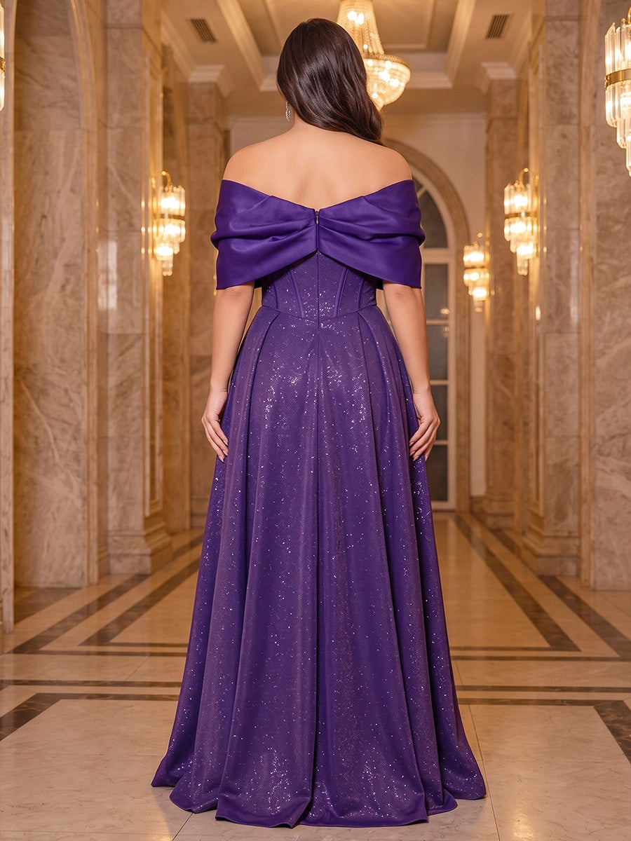 Roselledress sparkly prom dress off shoulder folded back design vertical zipper floor length back view