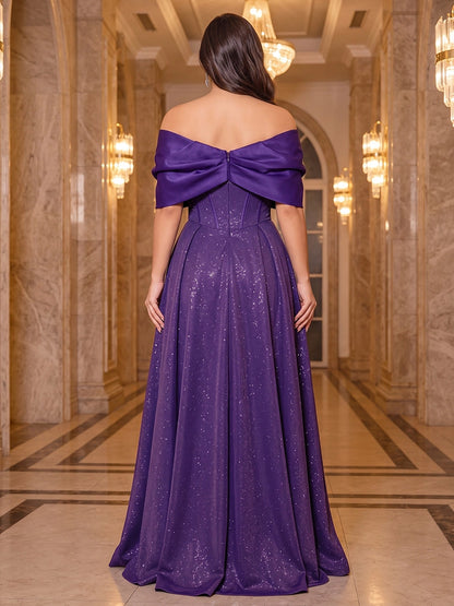 Roselledress sparkly prom dress off shoulder folded back design vertical zipper floor length back view