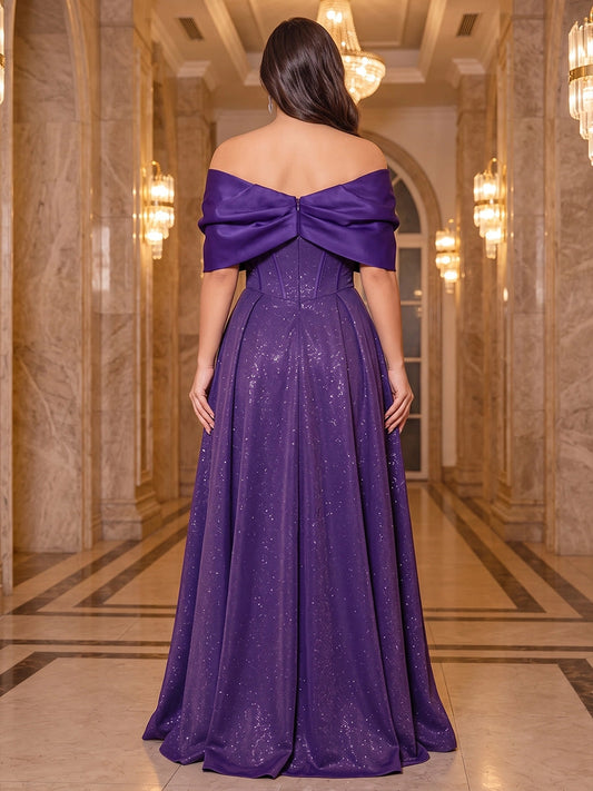 Roselledress sparkly prom dress off shoulder folded back design vertical zipper floor length back view