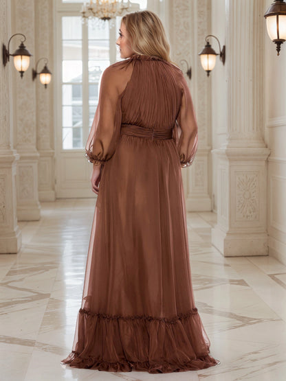 RoselleDress chocolate brown plus‑size chiffon wedding guest gown high neck gathered back zipper waist ruffled hem a‑line dress back view floor‑length formal evening gown