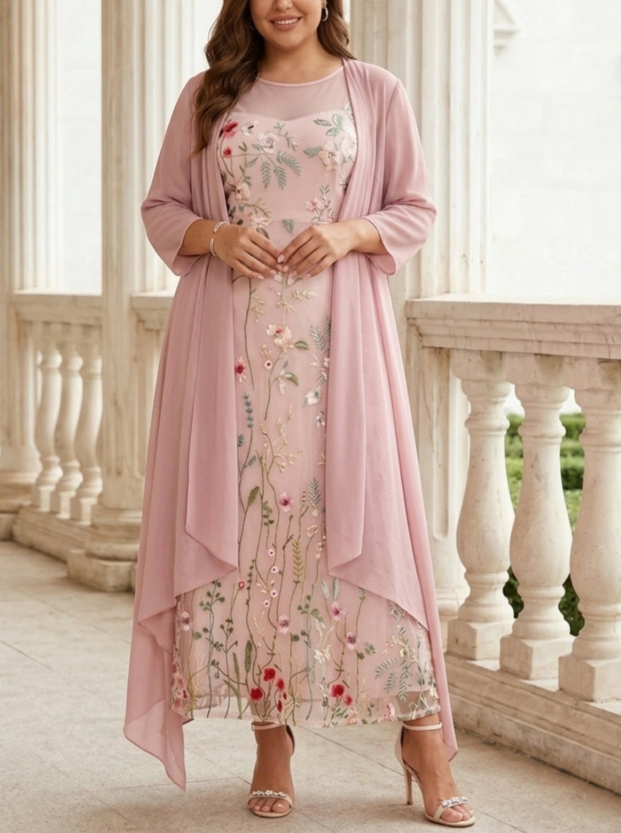 Roselledress pink two piece plus size mother of bride dress floral embroidery mesh round neck 3/4 sleeve chiffon cardigan maxi formal gown for wedding mom
