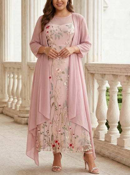 Roselledress pink two piece plus size mother of bride dress floral embroidery mesh round neck 3/4 sleeve chiffon cardigan maxi formal gown for wedding mom