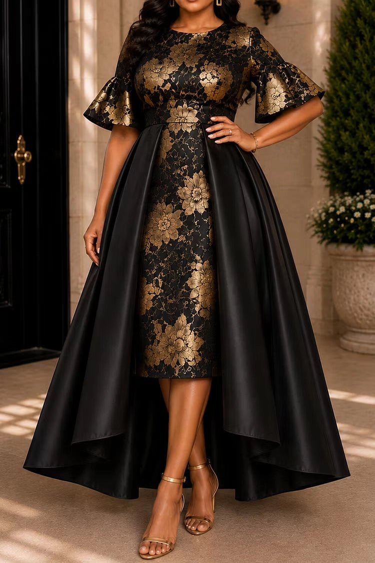 RoselleDress Black High Low A-Line Round Neck Flounce Sleeve Zip Back Gold Floral Plus Size Prom Dress