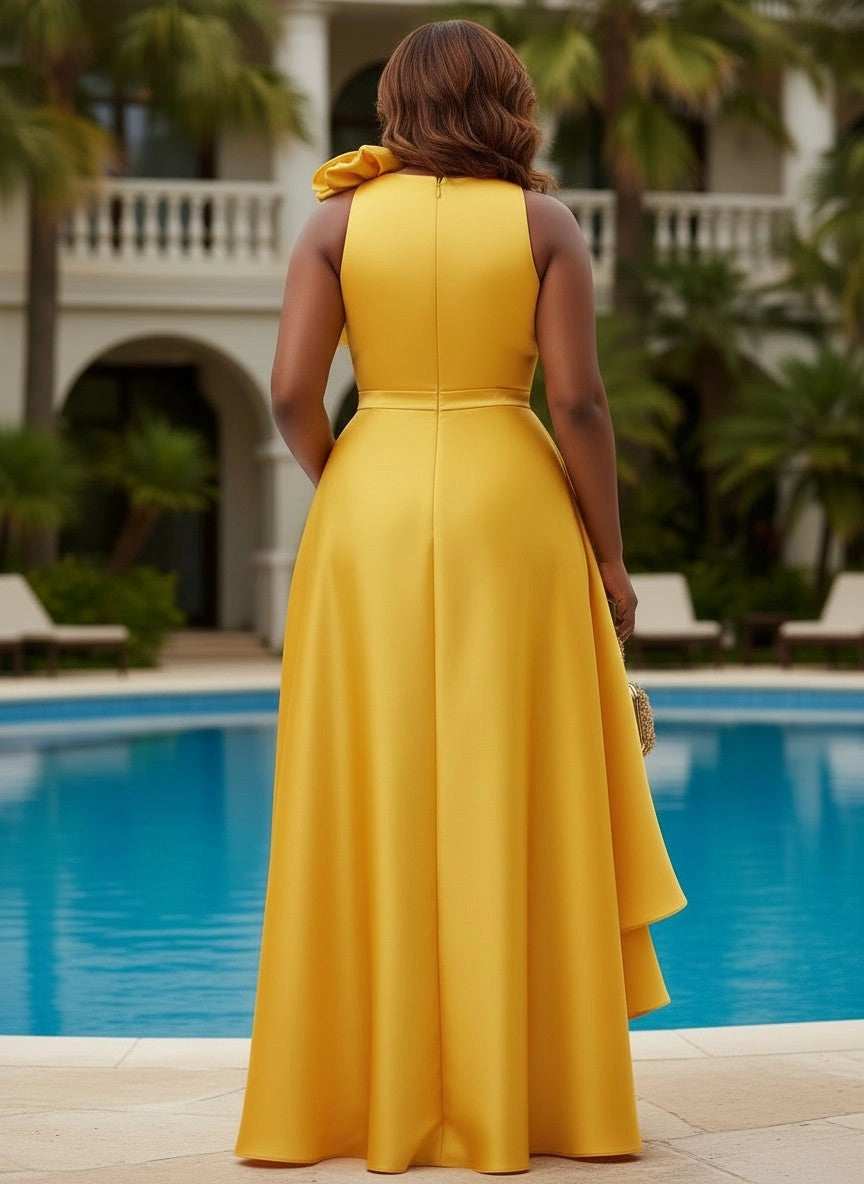 Roselledress shiny satin formal dress plus size sleeveless back hidden zipper long prom dress back view
