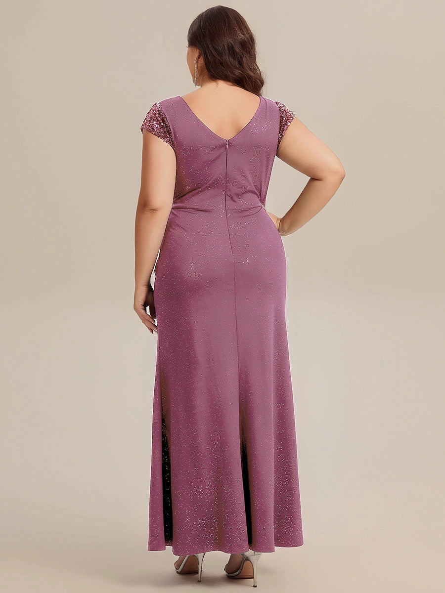 Roselledress Glitter Mermaid Deep V Cap Sleeve V Back Floor Length Plus Size Wedding Guest Dress