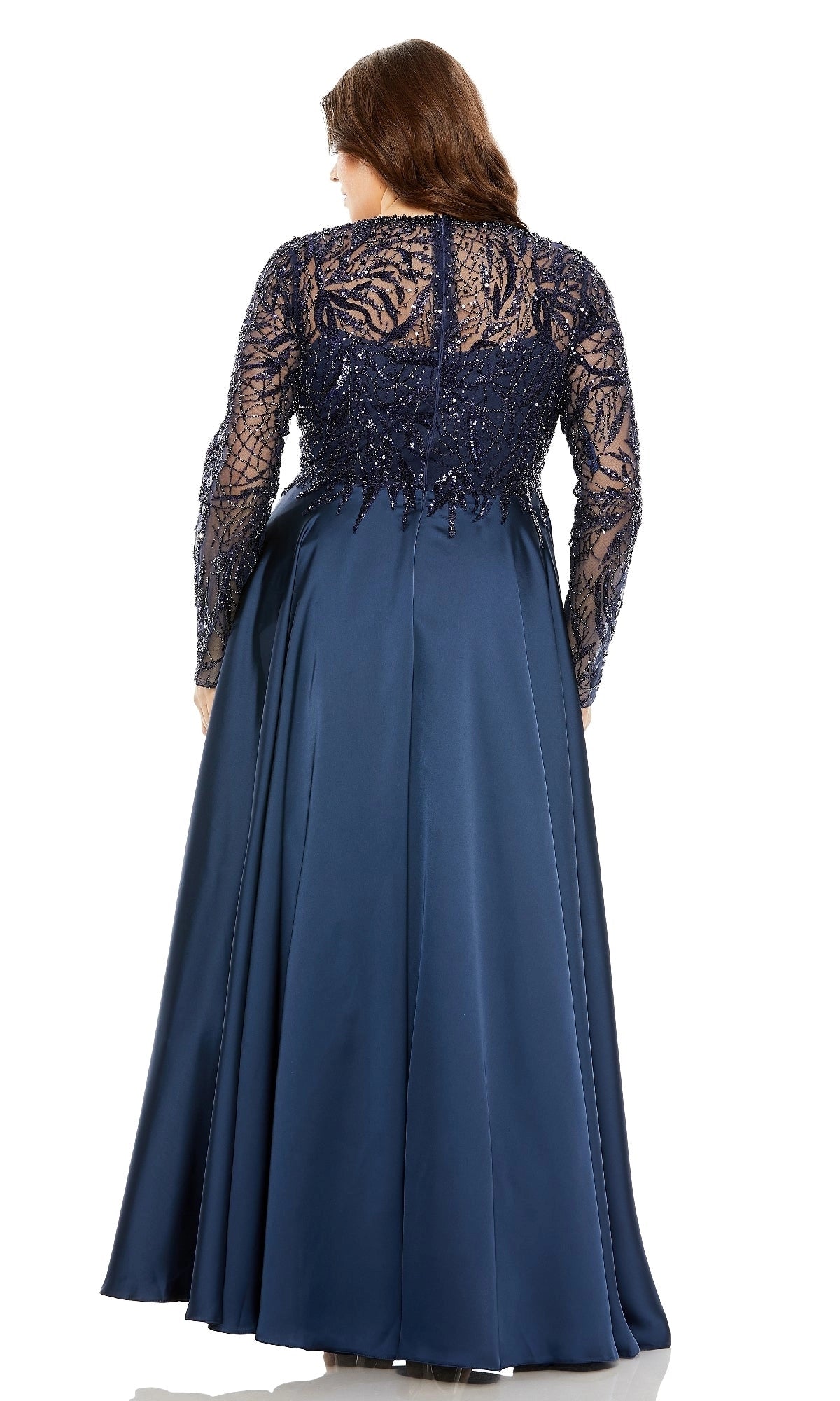 Roselledress plus size beaded a-line mother dress back view, sheer lace back zipper closure navy formal evening dress
